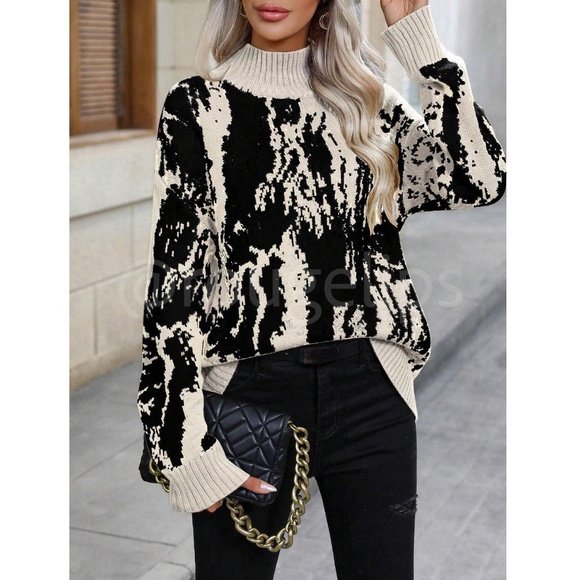 Black Printed Graphic Turtleneck Knit Pullover Sweater - Picture 6 of 7